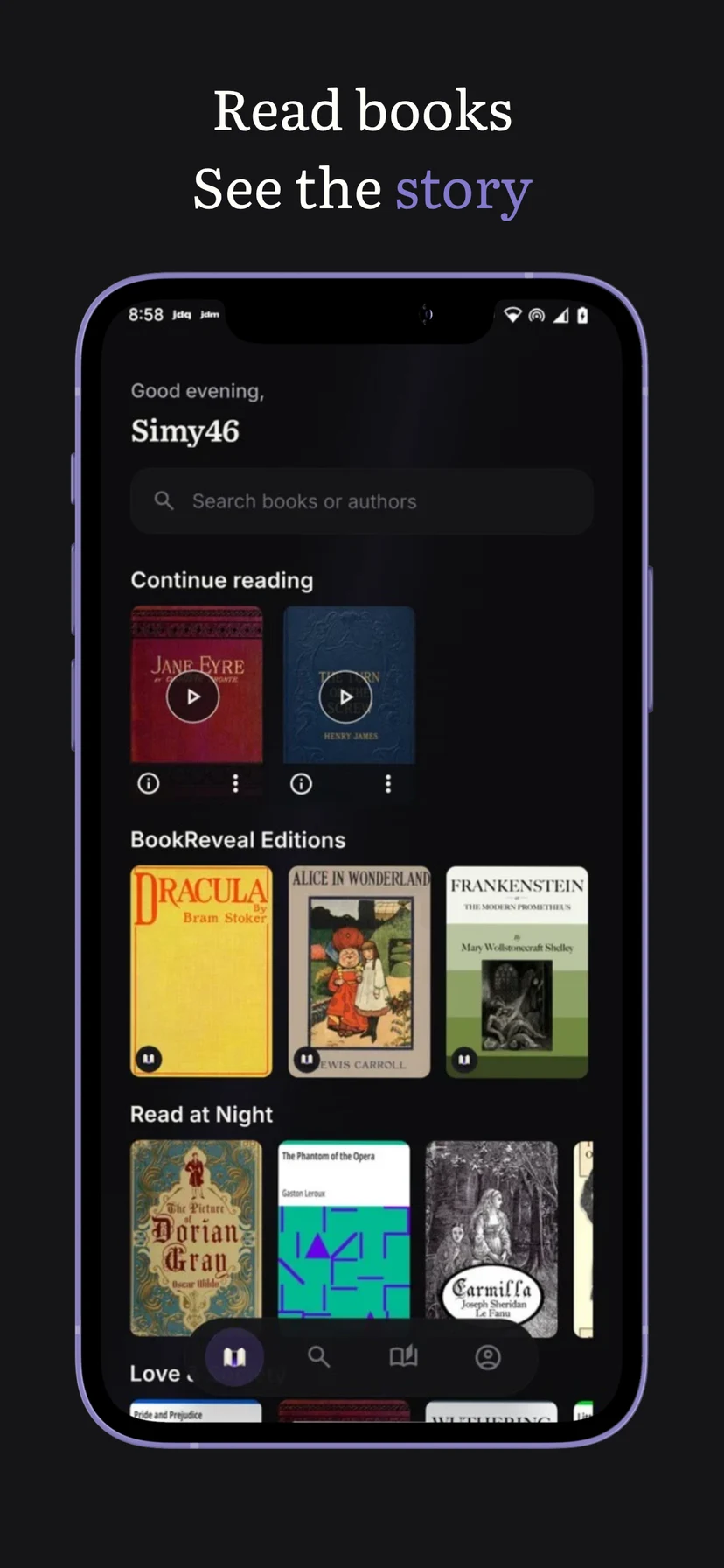 BookReveal Library showing books ready to continue reading and illustrated editions