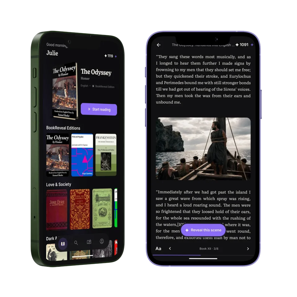 BookReveal Library showing books ready to continue reading and illustrated editions